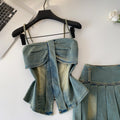 Western cowboy style bandeau cami top & pleated skirt two-piece set - women's new summer slimming & age-defying outfit