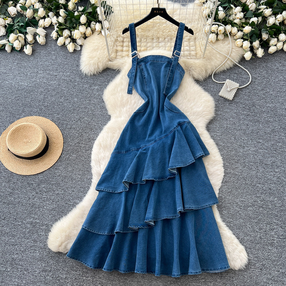 Korean style denim cami cake dress for women,  summer ruffle asymmetrical mermaid skirt, slimming and elegant