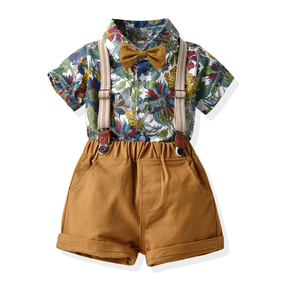 European and american style boys' outfit set: short-sleeve printed shirt, overalls, bow tie - beach-themed cross-border children's wear wholesale