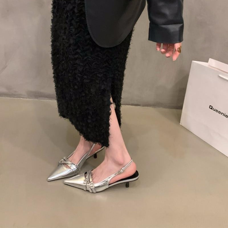 Niche style high heels red toe cap sandals fairy shoes 2024new arrival spring summer black french pointed toe flats