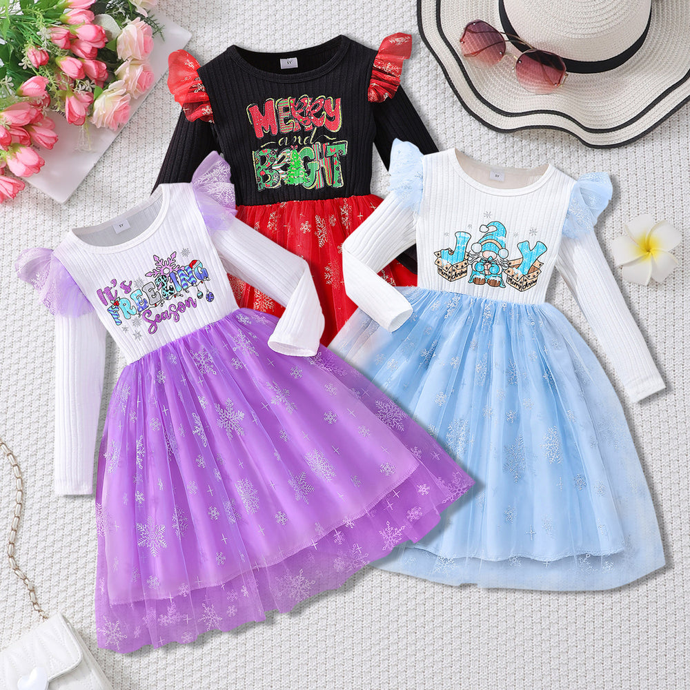 Kids' long-sleeve crewneck dress with letter print and mesh overlay