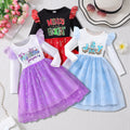 Kids' long-sleeve crewneck dress with letter print and mesh overlay