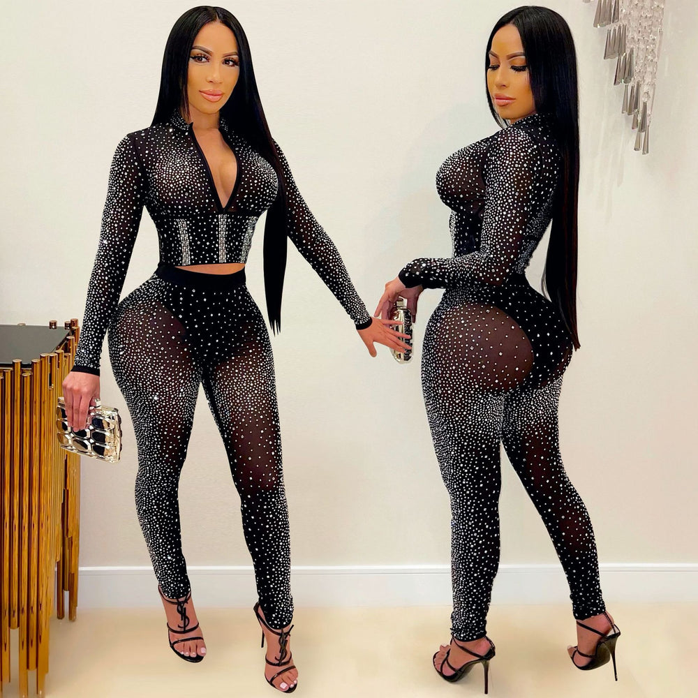 X5206   fashion european and american new nightclub hot diamond v necklong sleevespants women's two-piece set