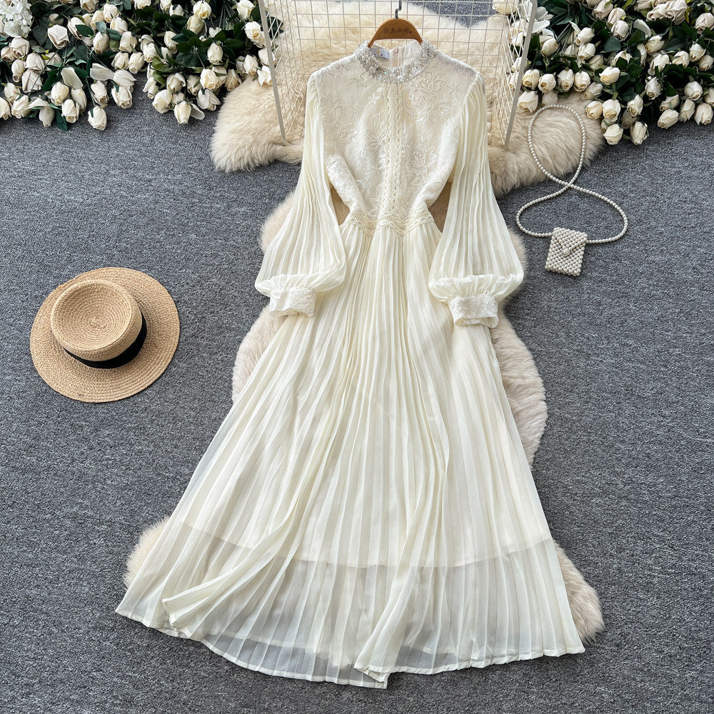 Lady style lantern sleeve sequinlacedress women's summer white stand collar waist pleated long skirt classy sense dress