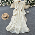 Lady style lantern sleeve sequinlacedress women's summer white stand collar waist pleated long skirt classy sense dress