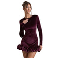 European and american women's clothing  autumn new fashion elegant velvet round neck three-dimensional pleated hem long sleeve dress