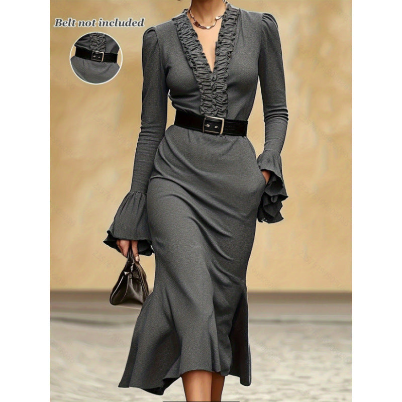Women's spring/autumn fashionable and elegant ruffle-trimmed neckline, cinched waist, long-sleeved midi dress (belt not included)
