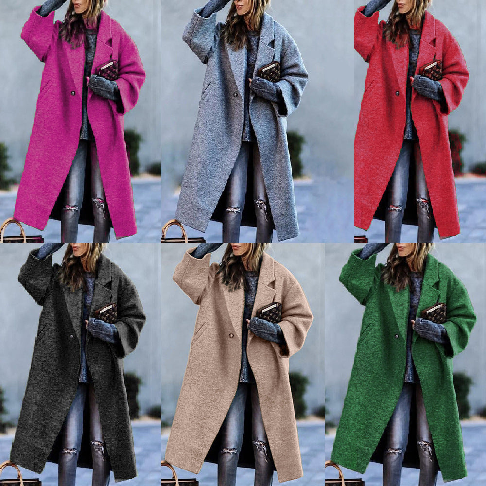 European and american autumn/winter long wool coat - chic, commuter style, beltless, turn-down collar, relaxed fit, wool green coat for women