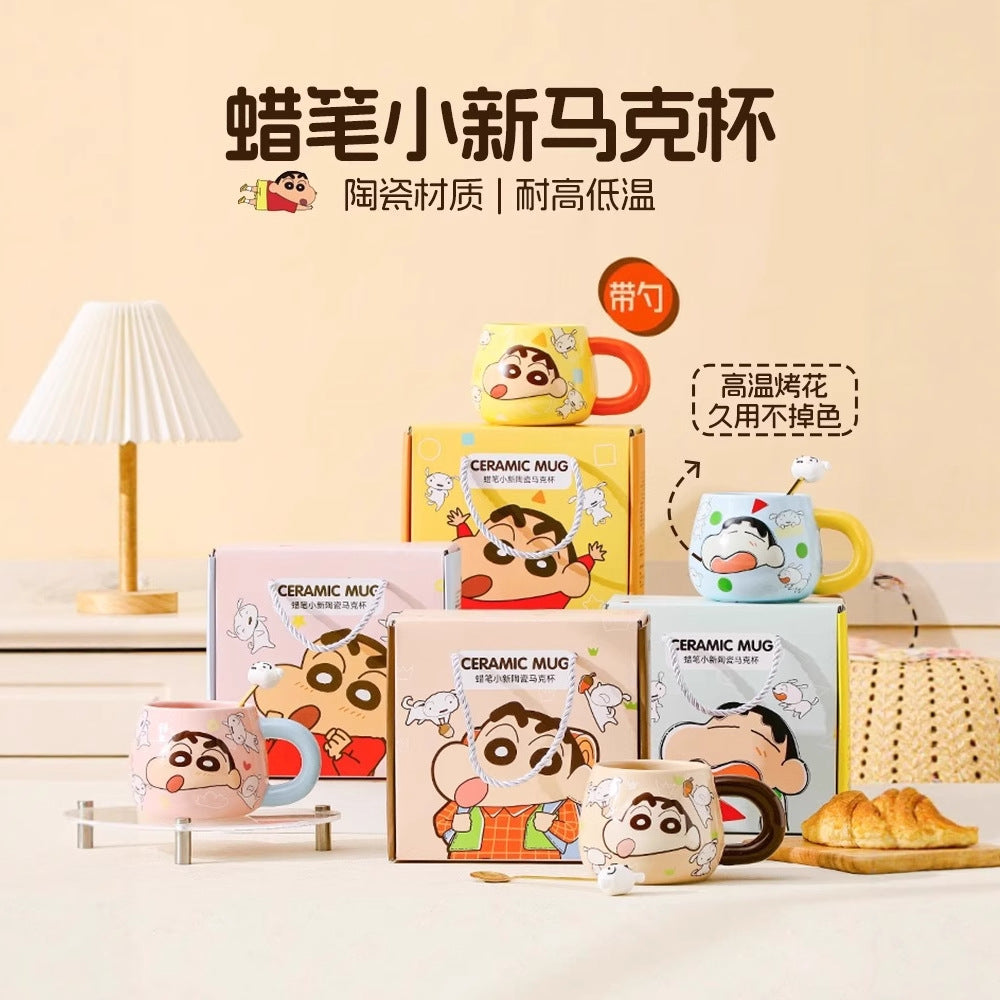 Crayon small new big belly mug with spoon gift box ceramic cup cute cartoon water cup high value coffee cup