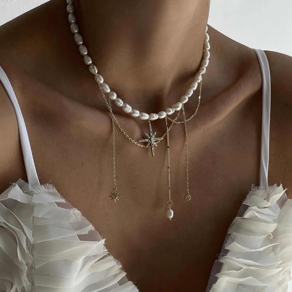 Bohemian pearl necklace wholesale fashion cross-border hot style jewelry stylish tassel alloy six-pointed clavicle chain for women