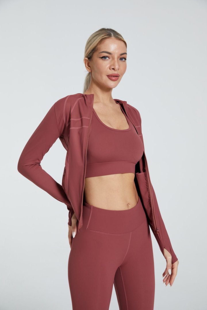 Ready-to-ship 3-piece lulu-inspired set: high-stretch, quick-dry, side-pocket zip-up jacket, bra, and leggings