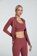 Ready-to-ship 3-piece lulu-inspired set: high-stretch, quick-dry, side-pocket zip-up jacket, bra, and leggings
