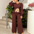Autumnew arrival brown lantern sleeve jumpsuit lotus leaf hem stereo flower straight-leg jumpsuit jumpsuits