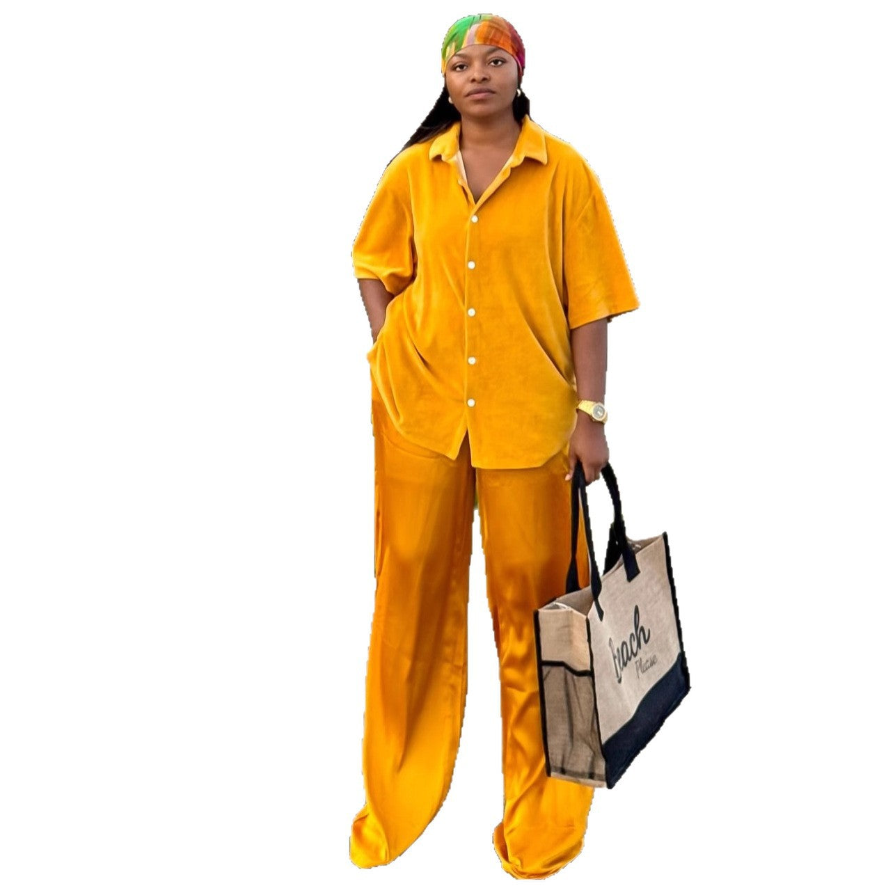European and American large-size women's clothing set solid color lapel cardigan shirt casual trousers women's African fashion loose two-piece set