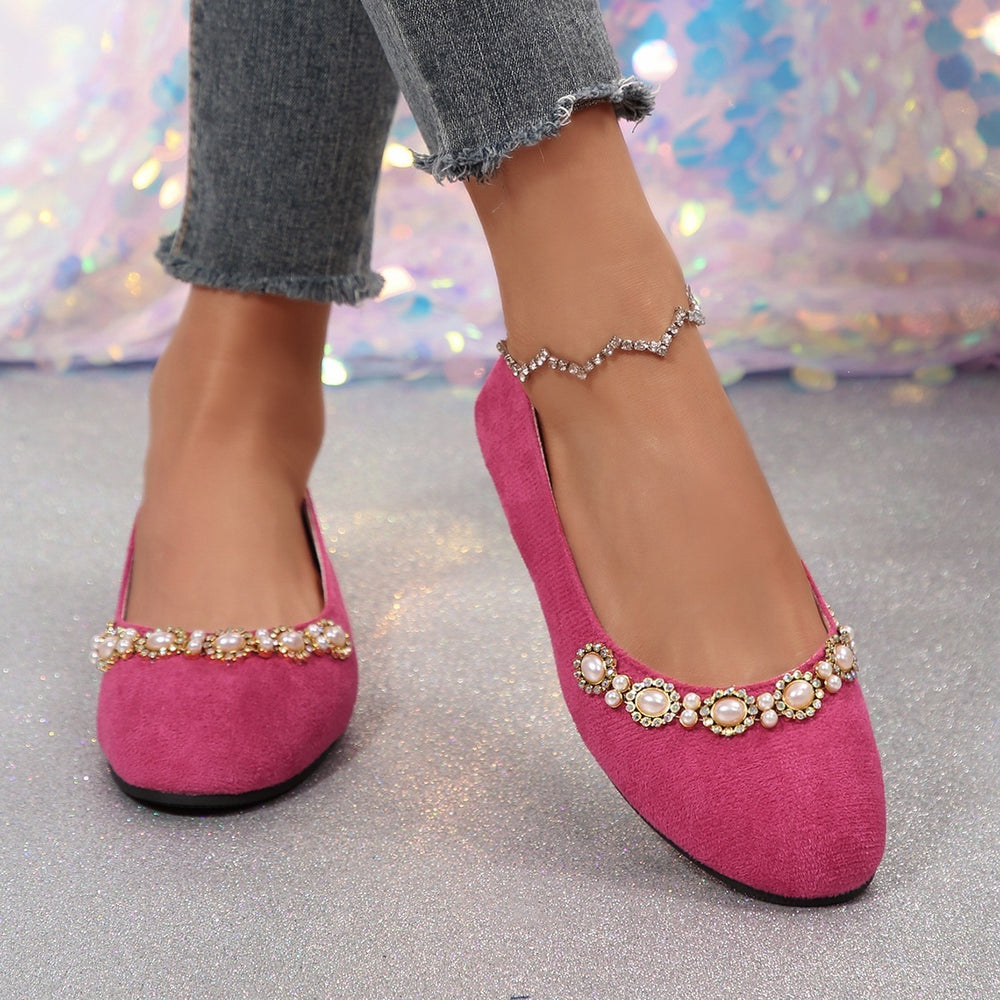 spring new fashion pearl rhinestone flat comfortable women's slip-on elegant low-cut versatile flats