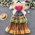 2025 summer women's french chic dress - high-end tie-waist, color block, ruffle hem maxi dress