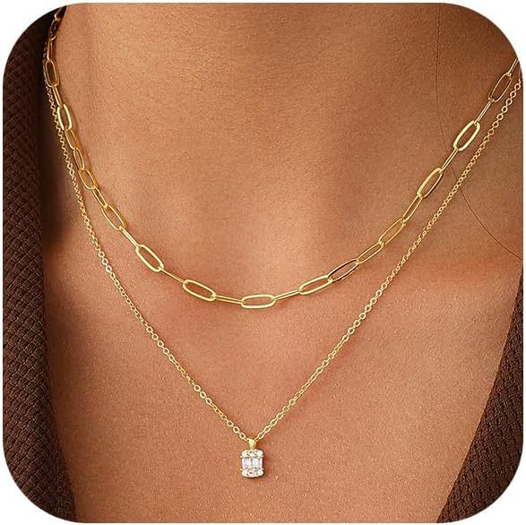 European and american cross-border hot-selling golden double-layer paper clip square diamond necklace multi-layer light luxury stacking versatile jewelry wholesale