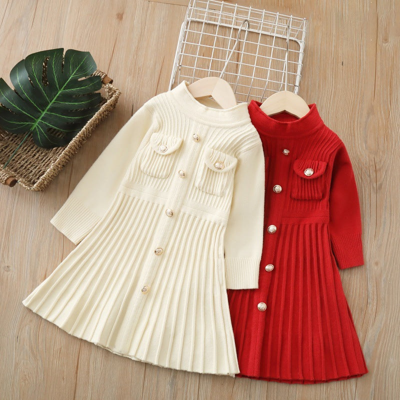 Girls' mid-length sweater dress -  autumn/winter new year's & christmas style - children's dress