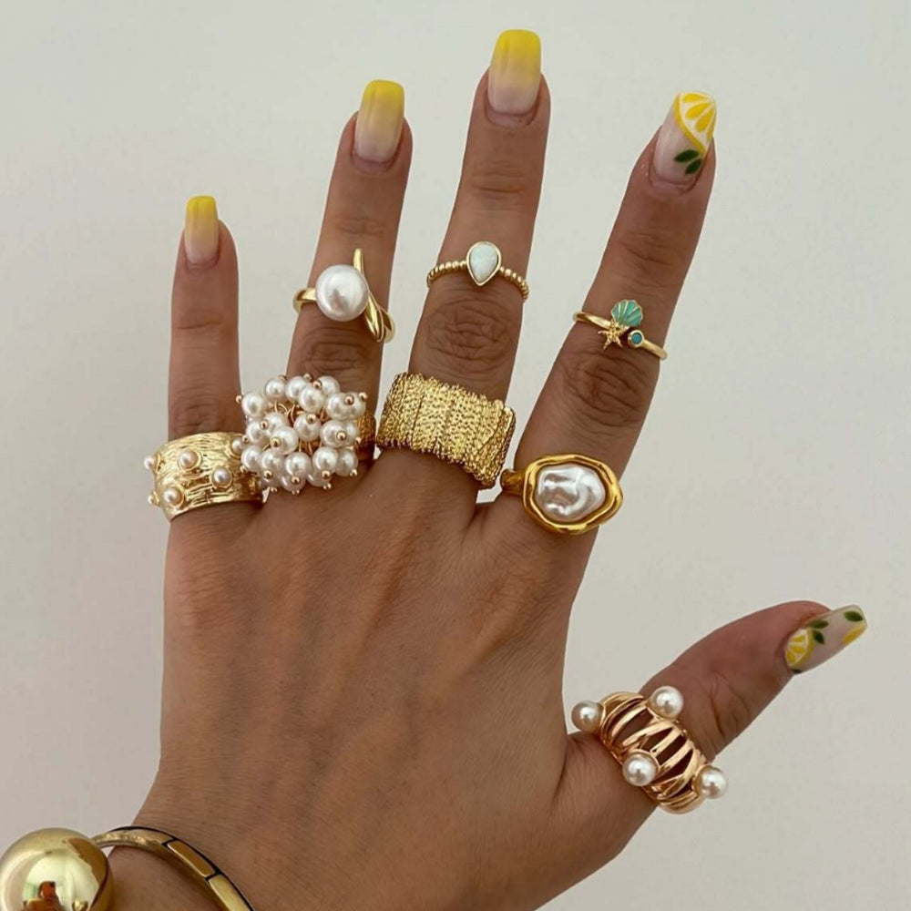 Women's pearl ring set - european & american fashion, geometric, unique design, baroque floral & teardrop rings - wholesale