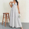European and american style polka dot halter dress, asymmetrical summer new arrival, french v-neck, cinched waist, flared skirt