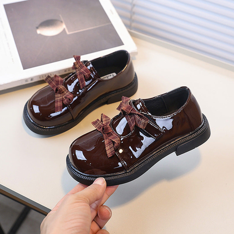 Vancahao children's british style leather shoes  spring and autumn new girls' bow princess shoes bright leather flats