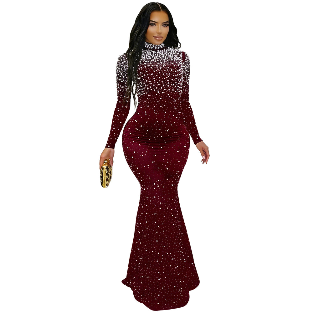 C7622 cross-border   fashion women's elegant high-neck rhinestone and beaded bodycon dress