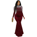 C7622 cross-border   fashion women's elegant high-neck rhinestone and beaded bodycon dress