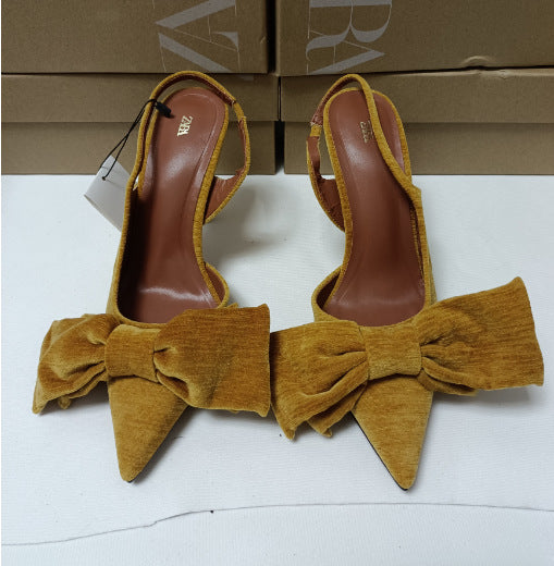 Za2024 summer new fashion bowknot metal strap high heel women's pointed toe slingback stiletto sandals