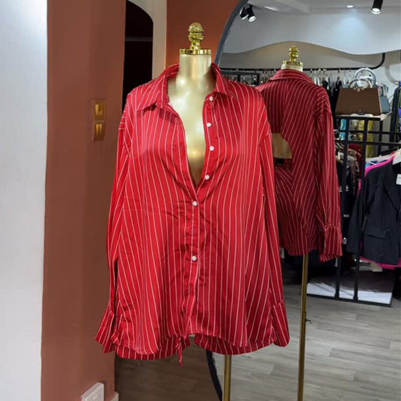 European and american style women's clothing  autumn new collection: sweet and fresh striped turn-down collar long-sleeve shirt and high-waisted straight-leg shorts two-piece set
