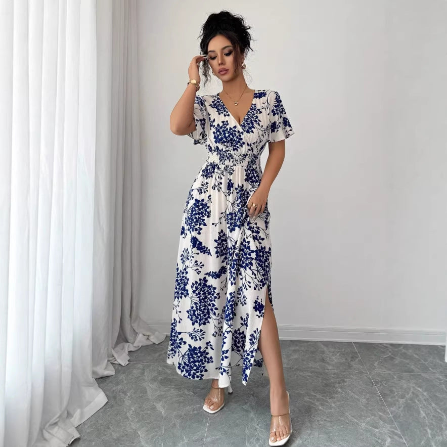 new european and american summer print v-neck maxi dress