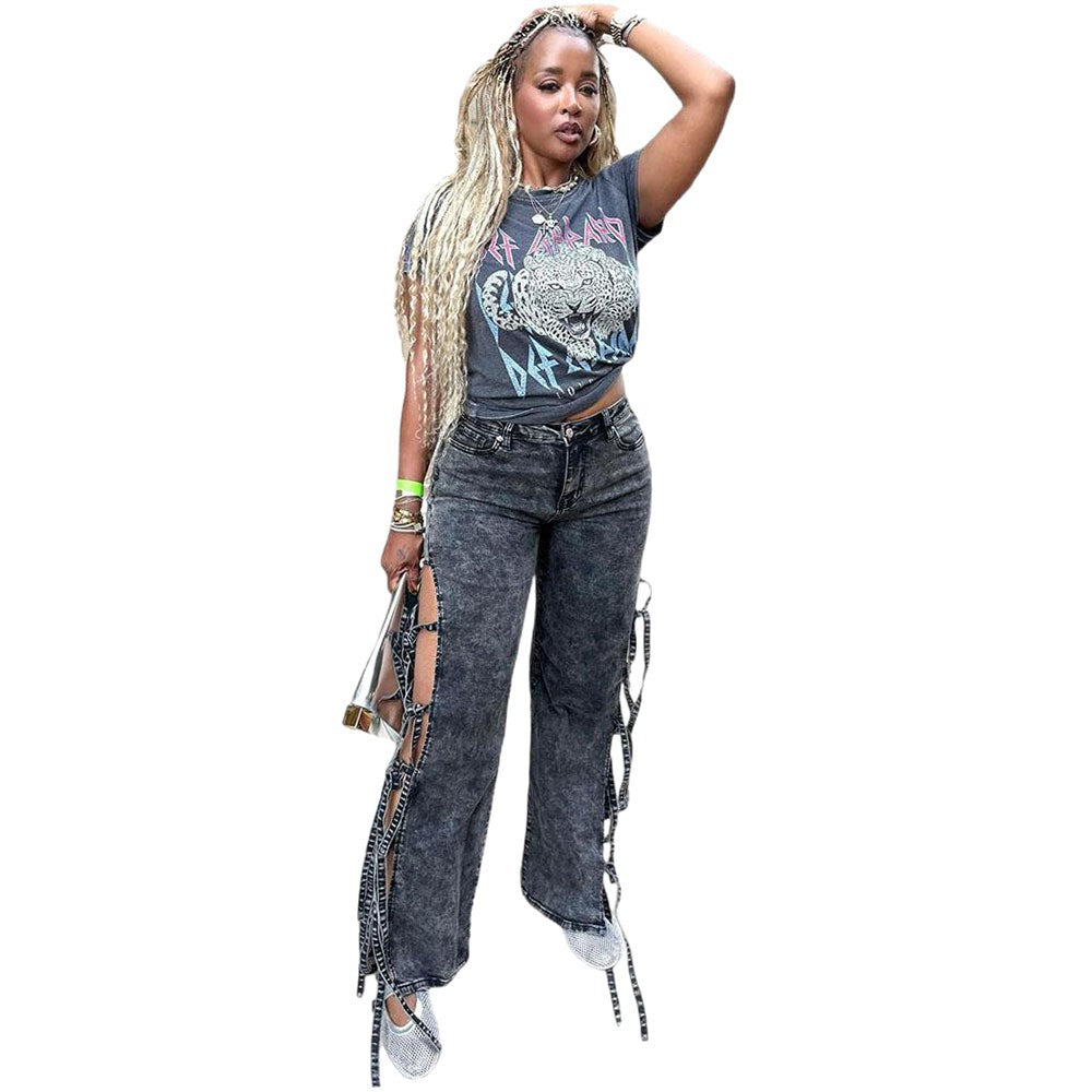 European and american style jeans  cross-border women's fashion hot girl washed slit tie-up denim high waist pants