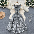 French retro high-end elegant square neck sleeveless printed dress - women's  new arrival - tie-waist maxi dress with flared skirt
