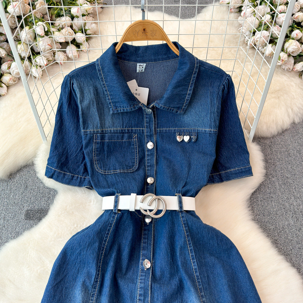 Petites short-sleeved denim dress women's summer 2024new arrivalelegantretroclassy waist slimming look long skirt