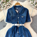 Petites short-sleeved denim dress women's summer 2024new arrivalelegantretroclassy waist slimming look long skirt