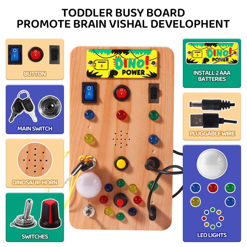 Early educational busy board for toddlers and young children, ages 3-6, new wood grain design with led lights, power button, red and green colors, cross-border lighting fixture