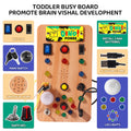 Early educational busy board for toddlers and young children, ages 3-6, new wood grain design with led lights, power button, red and green colors, cross-border lighting fixture