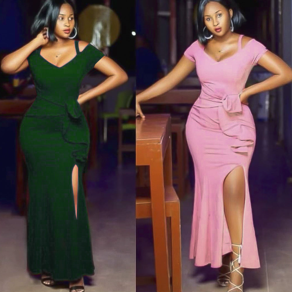 e-commerce: plus-size women's sexy, figure-flattering, slit evening gown with a fishtail train, suitable for , , and the african market
