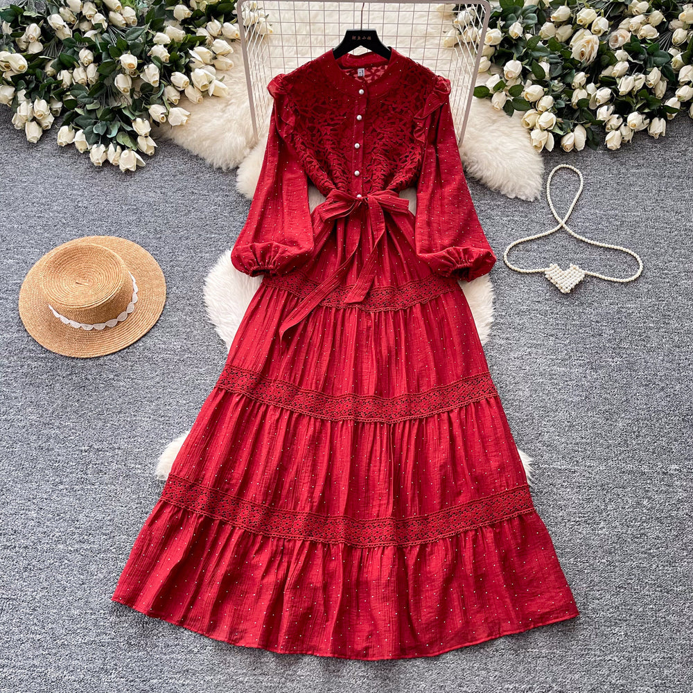 Frenchretro style lacepatchworkdress women's spring long k-style sleeve waist a-line skirt elegant over-the-knee long skirt