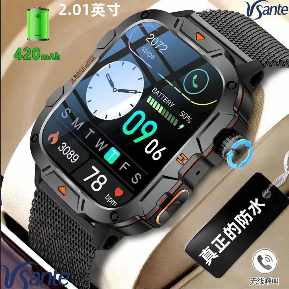 Professional-grade, rugged outdoor smartwatch with bluetooth connectivity, waterproof design, and health monitoring features, perfect for hiking, swimming, and other outdoor activities