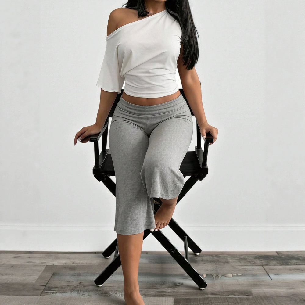 Amazon spring/summer new fashion elastic waist high-waisted casual t-shirt solid color minimalist wide-leg capri pants two-piece set