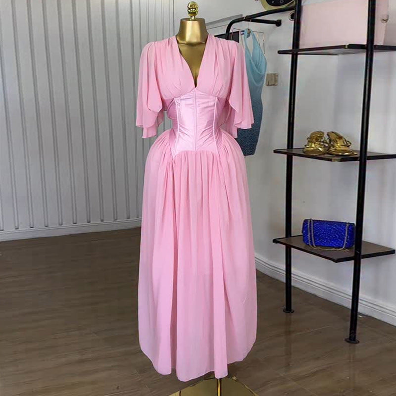 European and american cross-border women's fashion:  summer new arrival - elegant v-neck, waist-defining, patchwork a-line short-sleeve pink maxi dress