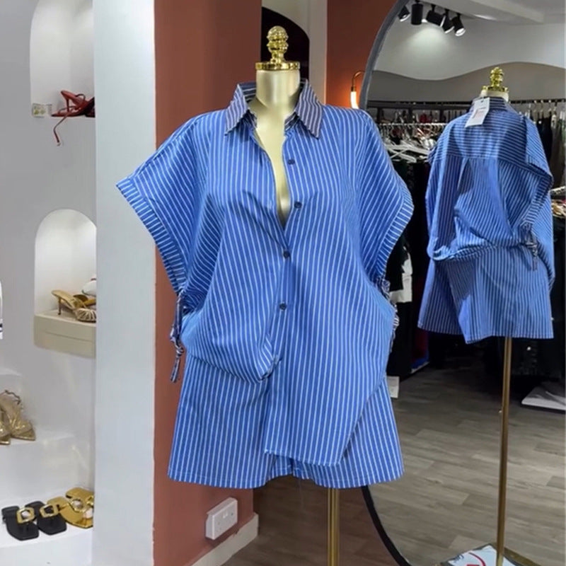 European and american cross-border women's fashion:  autumn new collection - stylish lapel blue striped cinched waist shirt and wide-leg shorts set