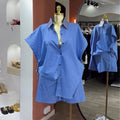 European and american cross-border women's fashion:  autumn new collection - stylish lapel blue striped cinched waist shirt and wide-leg shorts set