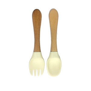 Factory direct sales silicone wooden handle complementary food fork and spoon  baby spoon baby training eating fork and spoon set wholesale