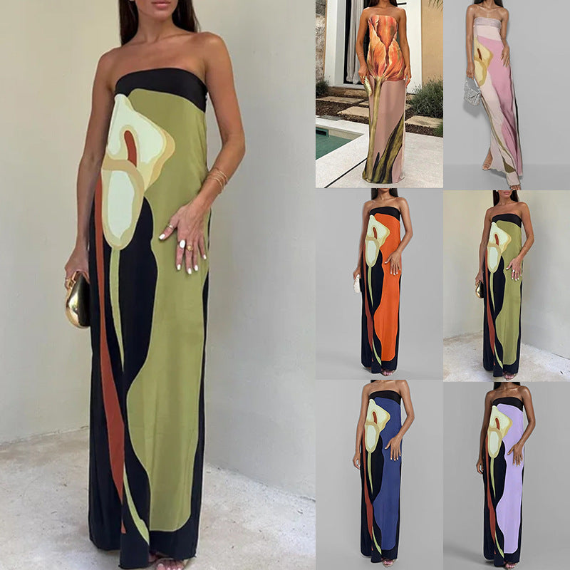 cross-border e-commerce women's fashion: european and american summer new arrivals - trendy off-the-shoulder bandeau sexy backless printed dress