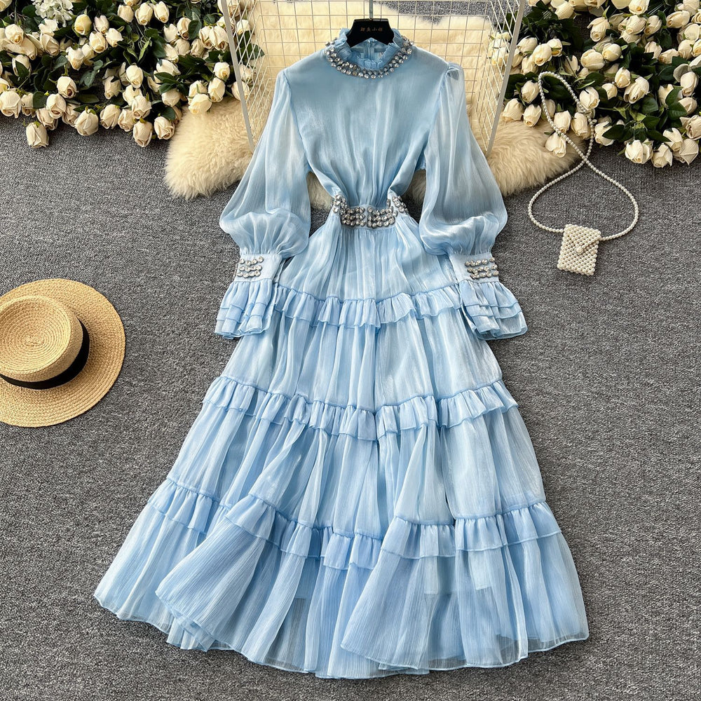 Elegant women's dress  new french style heavily embellished diamond-studded stand collar flared sleeve cinched waist ruffle hem maxi dress