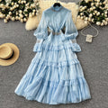 Elegant women's dress  new french style heavily embellished diamond-studded stand collar flared sleeve cinched waist ruffle hem maxi dress