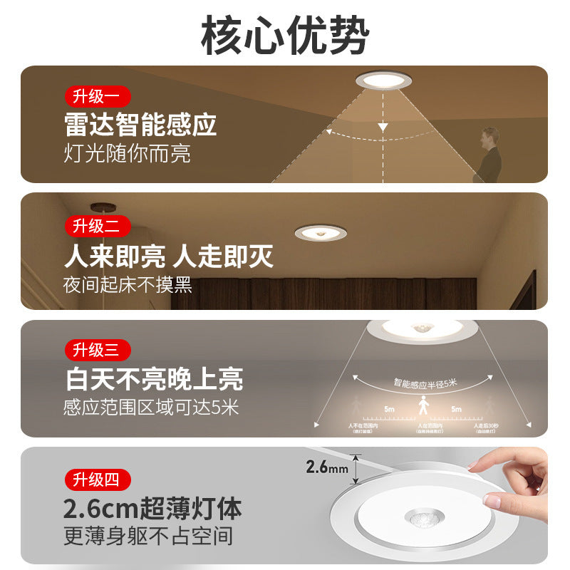 Ultra-thin infrared human body radar induction downlight embedded led home aisle voice-activated ceiling 6-inch open-hole spotlight