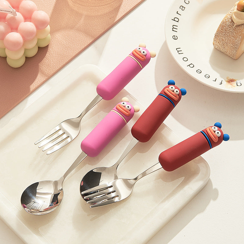 Cute cartoon fork and spoon set - high-value 304 stainless steel tableware for home use - kids' dessert forks with a fun, wide-mouth design