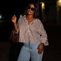 European and american style women's clothing  autumn new collection: sweet and fresh striped turn-down collar three-quarter sleeve blouse